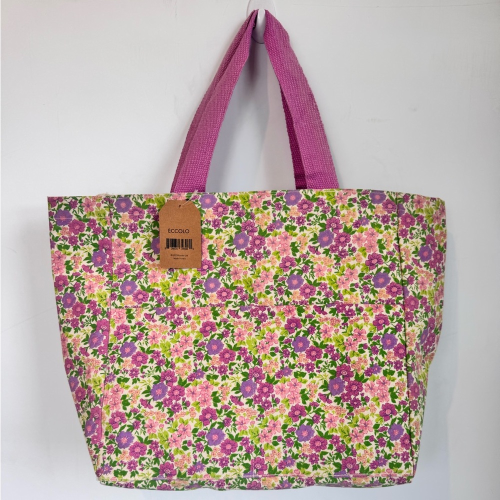 NWT Eccolo Floral Canvas Tote in Pink and Purple 14.25”W x 13.5”H x 6”D